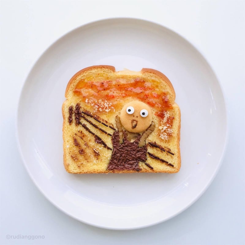 While some used pets and everyday objects, others turned to edible art. Designer Rudi Anggono shared this version of Edvard Munch's 'The Scream' made with bread, jam and a cookie by Rudi Anggono. Via @rudi_anggono / Twitter
