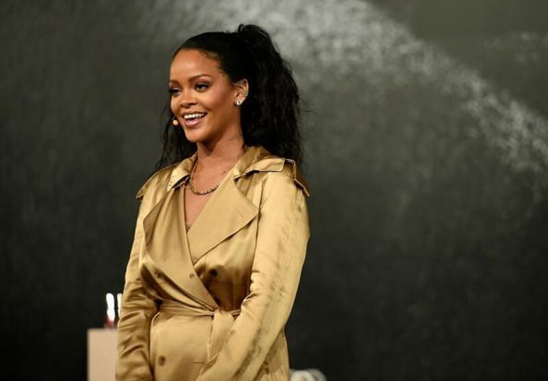 DUBAI, UNITED ARAB EMIRATES - SEPTEMBER 29:  Rihanna speaks during her Fenty Beauty talk in collaboration with Sephora, for the launch of her new Stunna Lip paint "Uninvited" on September 29, 2018 in Dubai, United Arab Emirates.  (Photo by Mark Ganzon/Getty Images for Fenty Beauty)