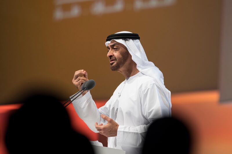 ABU DHABI, UNITED ARAB EMIRATES - March 08, 2017: HH Sheikh Mohamed bin Zayed Al Nahyan, Crown Prince of Abu Dhabi and Deputy Supreme Commander of the UAE Armed Forces, delivers a keynote speech during the Mohamed Bin Zayed Majlis for Future Generations summit, at Abu Dhabi National Exhibition Centre (ADNEC). 
( Ryan Carter / Crown Prince Court - Abu Dhabi )
--- *** Local Caption ***  20170308RC_C168027.jpg