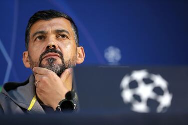 Porto manager Sergio Conceicao attends a news conference at Dragao Stadium in Porto on Tuesday. Estela Silva / EPA