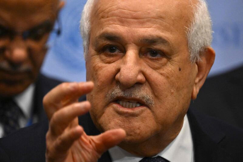 Palestinian Ambassador to the UN Riyad Mansour after a UN General Assembly meeting to vote on a non-binding resolution demanding 'an immediate humanitarian ceasefire' in Gaza. AFP