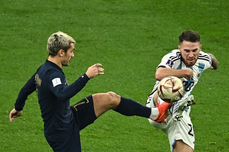 Alexis Mac Allister 9 - Fourth minute strike on goal. Ball to Di Maria as Argentina enjoyed a better, more aggressive start to the match. Incredible run and ball to set up the second. Box to box throughout, he was one of the best players in the World Cup final. AFP
