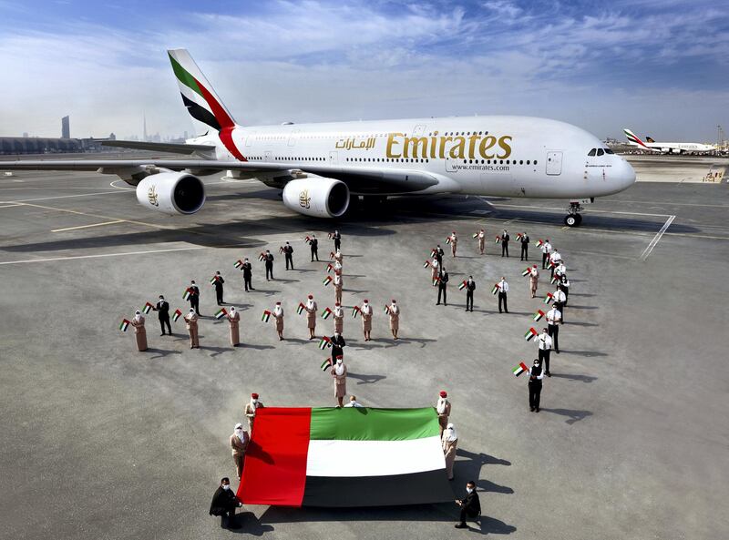 Emirates employees form a '49' on the tarmac at Dubai International Airport. All images courtesy Emirates