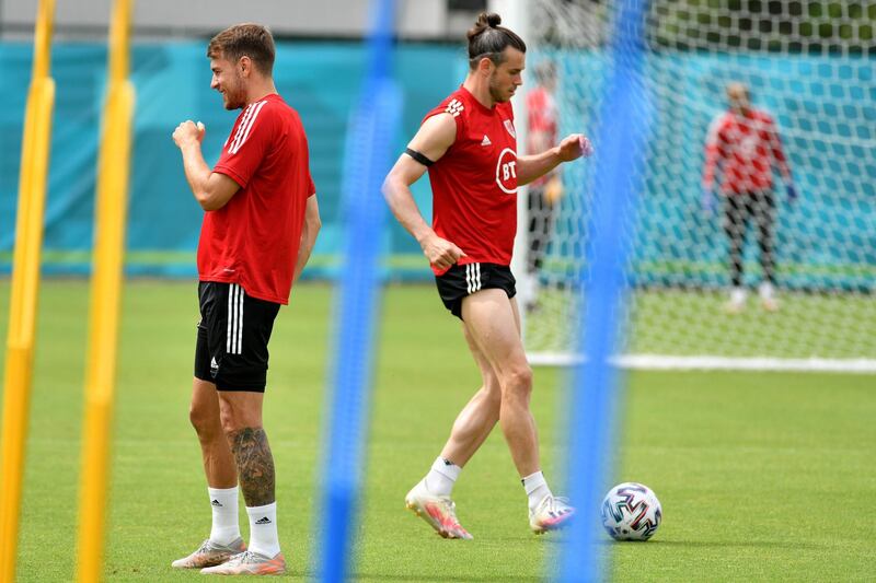 Aaron Ramsey and Gareth Bale during a Wales training session at the Acqua Acetosa sport centre. Getty