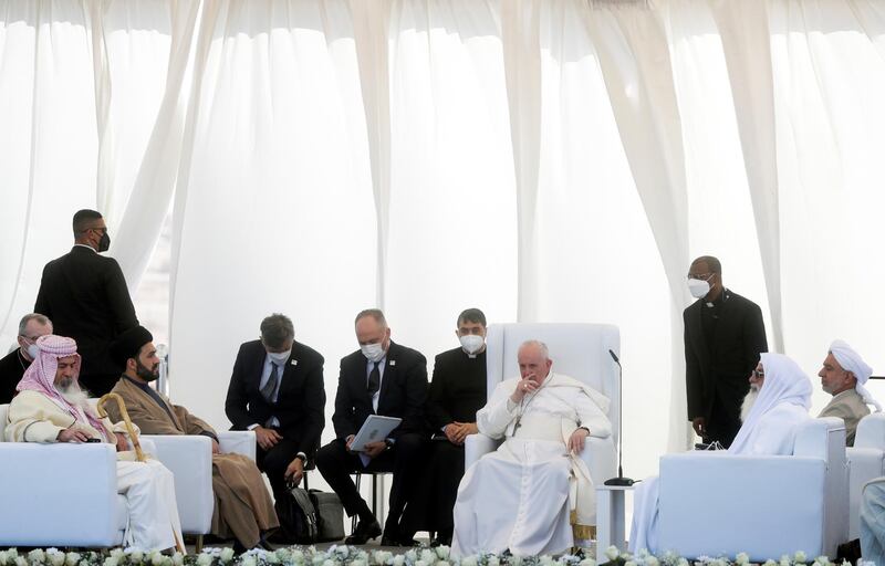 Pope Francis attends the inter-religious prayer at the ancient archeological site of Ur, traditionally believed to be the birthplace of Abraham, in Ur near Nassiriya. Reuters