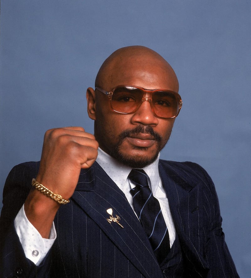 In this 1982 file photo, boxer Marvin Hagler poses for a photo. Hagler, the middleweight boxing great whose title reign and career ended with a split-decision loss to “Sugar” Ray Leonard in 1987, died Saturday, March 13, 2021. He was 66. AP