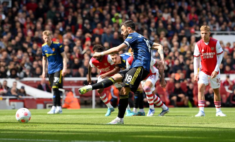 United's Bruno Fernandes misses from the penalty spot. Getty
