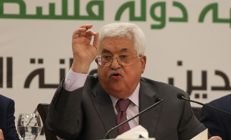epa06710554 (FILE) - Palestinian President Mahmoud Abbas addresses the 9th annual Islamic Beit al-Maqdes International Conference, at his presidency compound in the West Bank town of Ramallah, 11 April 2018  (reissued 04 May 2018). According to reports, Abbas in a statement issued by his office on 04 May apologized for remarks he made 30 April on Holocaust victims in which he said that the persecution of Jews in Europe was the result of social and financial issues and was not perpetrated for religious reasons.  EPA/ALAA BADARNEH *** Local Caption *** 54257644