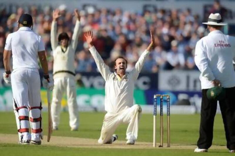 Australia's Nathan Lyon, third from the left, wins an appeal to dismiss England's Jonny Bairstow, not in picture, lbw during the fourth Ashes Test.