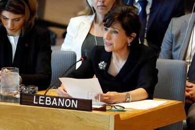 Lebanon's Ambassador Amal Mudallali speaks in the Security Council, at United Nations headquarters, Monday, April 29, 2019. (AP Photo/Richard Drew)