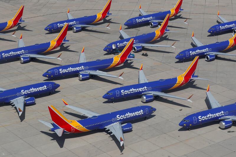 FILE PHOTO: FILE PHOTO: grounded Southwest Airlines Boeing 737 MAX 8 aircraft are shown parked at Victorville Airport in Victorville, California, U.S., March 26, 2019.  REUTERS/Mike Blake/File Photo/File Photo