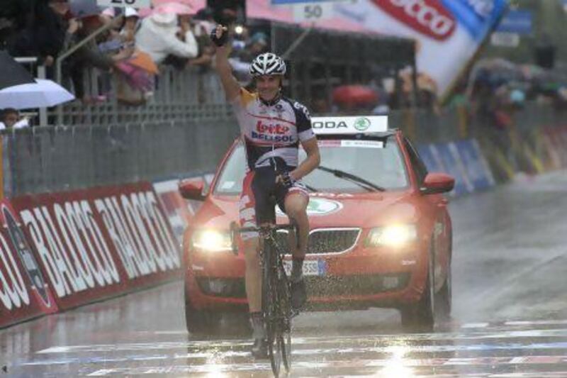 Australian rider Adam Hansen survived the wet and hilly conditions that saw several riders take a spill to win the 162-kilometre seventh stage of the 96th Giro d'Italia from San Salvo to Pescara.