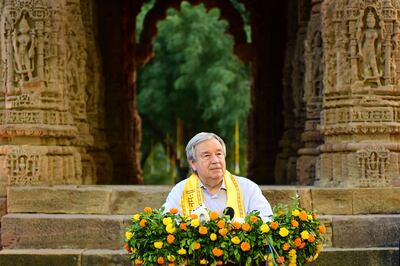 United Nations Secretary General Antonio Guterres speaks during his visit at the Sun Temple in Modhera, in India's Gujarat state on October 20, 2022.  (AFP)
