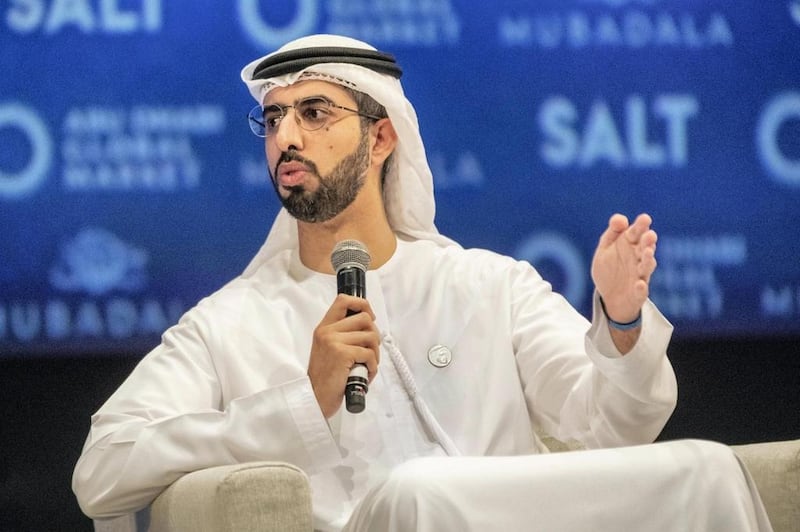 Omar Al Olama, UAE's Minister of State for Artificial Intelligence, speaks at the Salt conference in Abu Dhabi in December. Antonie Robertson / The National