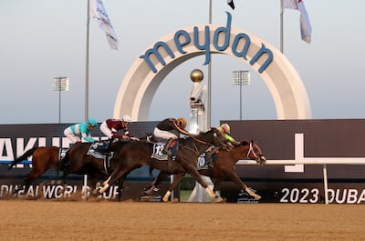Switzerland is edged out by Sibelius in the 2023 Dubai Golden Shaheen at the Dubai World Cup. Chris Whiteoak / The National