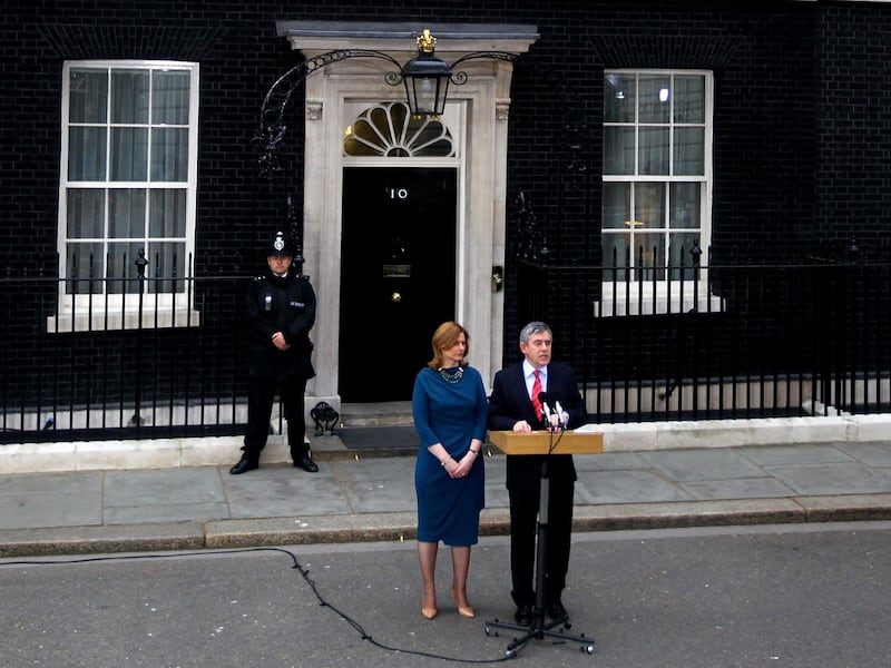 Gordon Brown in May 2010. Mr Brown's lectern was modest in comparison to more recent iterations, resembling a microphone stand with wheels and a wooden top. Getty Images