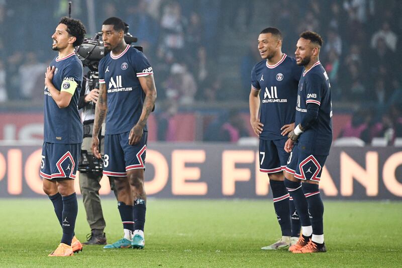 Marquinhos, Presnel Kimpembe, Kylian Mbappe and Neymar on the pitch after PSG clinch the Ligue 1 title. AFP