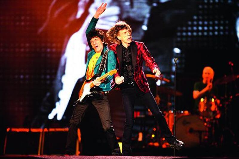 Abu Dhabi, UAE, February 21, 2014:The Rolling Stones came to the UAE tonight to perform at the DU Arena. Seen here is lead singer Mick Jagger and Ronnie Woods. Lee Hoagland/The National