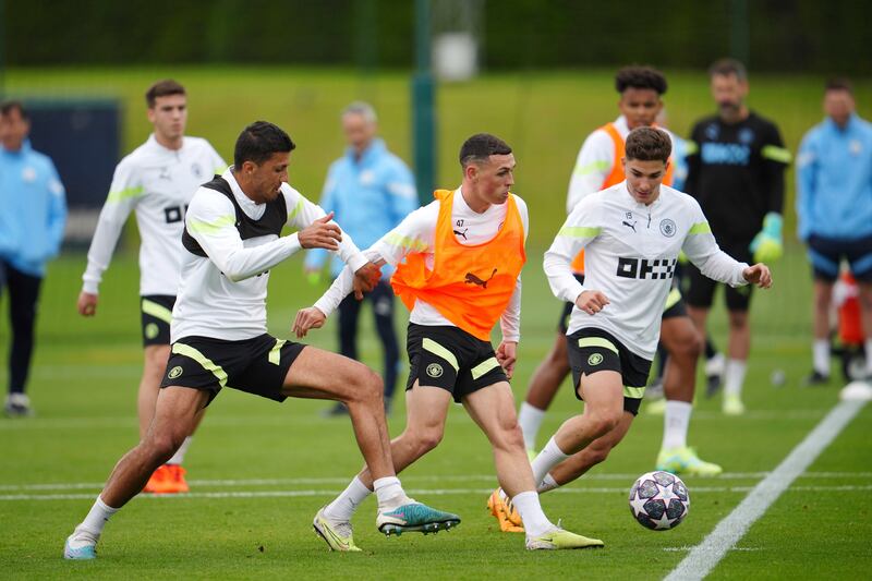 Phil Foden trains with Manchester City teammates ahead of the Champions League final against Inter Milan. AP