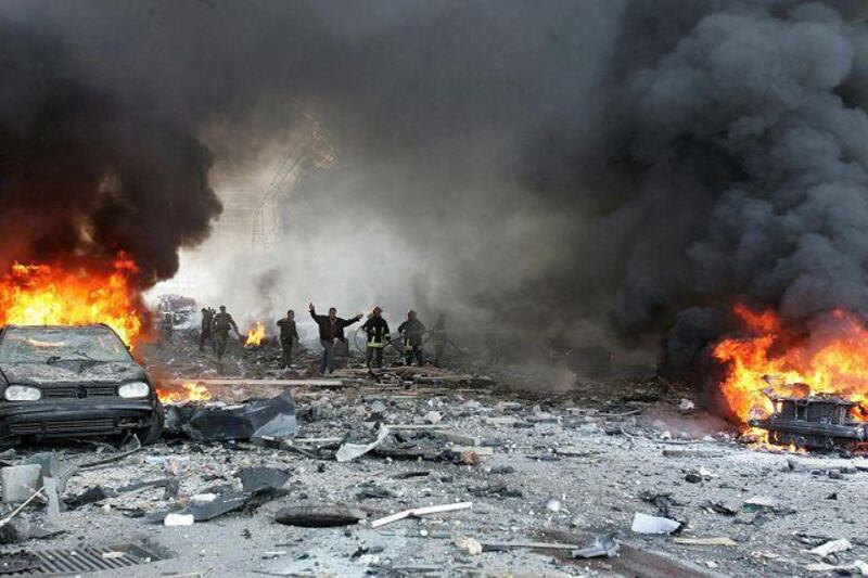The scene of a massive explosion in which Lebanese prime minister Rafiq Hariri was killed in Beirut in 2005.