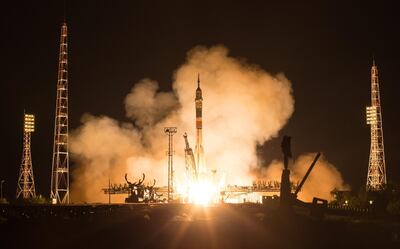 TOPSHOT - This handout photo released by NASA shows The Soyuz MS-13 rocket launch with Expedition 60 Soyuz Commander Alexander Skvortsov of Roscosmos, flight engineer Drew Morgan of NASA, and flight engineer Luca Parmitano of ESA (European Space Agency), Saturday, July 20, 2019 at the Baikonur Cosmodrome in Kazakhstan. Skvortsov, Morgan, and Parmitano launched at 12:28 p.m. Eastern time (9:28 p.m. Baikonur time) to begin their mission to the International Space Station. 
 - RESTRICTED TO EDITORIAL USE - MANDATORY CREDIT "AFP PHOTO / NASA /Joel Kowsky " - NO MARKETING NO ADVERTISING CAMPAIGNS - DISTRIBUTED AS A SERVICE TO CLIENTS
 / AFP / NASA / NASA / Joel KOWSKY / RESTRICTED TO EDITORIAL USE - MANDATORY CREDIT "AFP PHOTO / NASA /Joel Kowsky " - NO MARKETING NO ADVERTISING CAMPAIGNS - DISTRIBUTED AS A SERVICE TO CLIENTS
