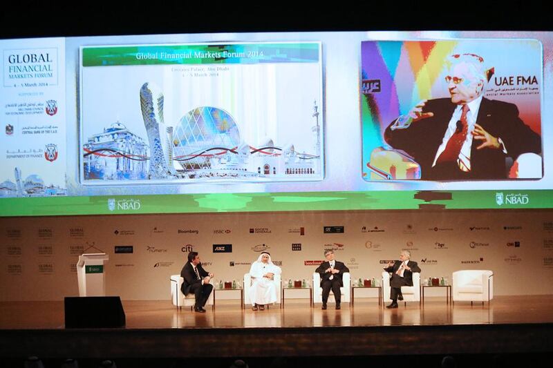 Panelists discuss the subject “Central Bankers and Policymakers” during the second day of the Global Financial Markets Forum. Fatima Al Marzooqi / The National