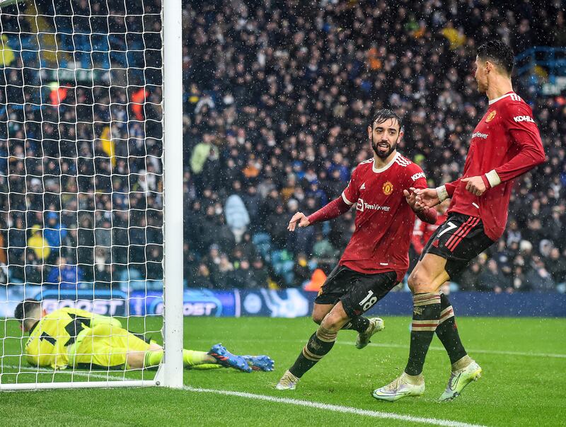 Bruno Fernandes celebrates scoring at Elland Road. EPA