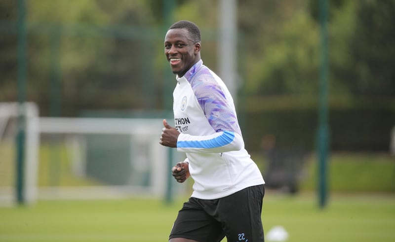 MANCHESTER, ENGLAND - MAY 23: Manchester City's Benjamin Mendy smiles during training at Manchester City Football Academy on May 23, 2020 in Manchester, England. (Photo by Tom Flathers/Manchester City FC via Getty Images)