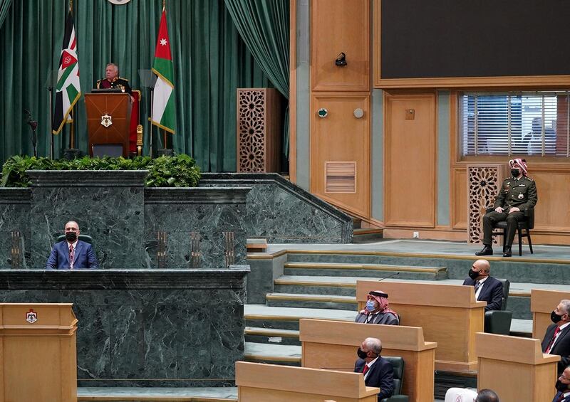 Newly elected Jordanian MP list to King Abdullah's speech at the opening of parliament on December 10, 2020. Jordanian Royal Palace / AFP