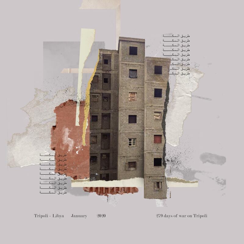 One of Razan Al Naas's works shows a building of unfinished cinderblocks with blanketed and boarded windows. There are strips of wall plaster and stucco textures within the image. It is dated January 2020 and the bottom right of the collage reads, '279 days of war on Tripoli.' Razan Al Naas