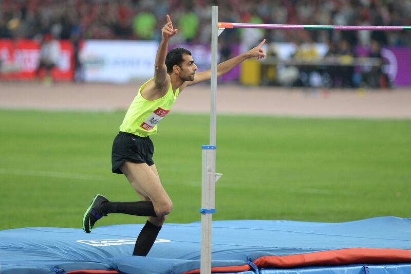 BEIJING, CHINA - MAY 18:  (CHINA OUT) Majd Eddin Ghazal of Syria celebrates after winning the Men's High Jump final during the IAAF World Challenge Beijing at National Stadium on May 18, 2016 in Beijing, China.  (Photo by Visual China Group via Getty Images/Visual China Group via Getty Images)