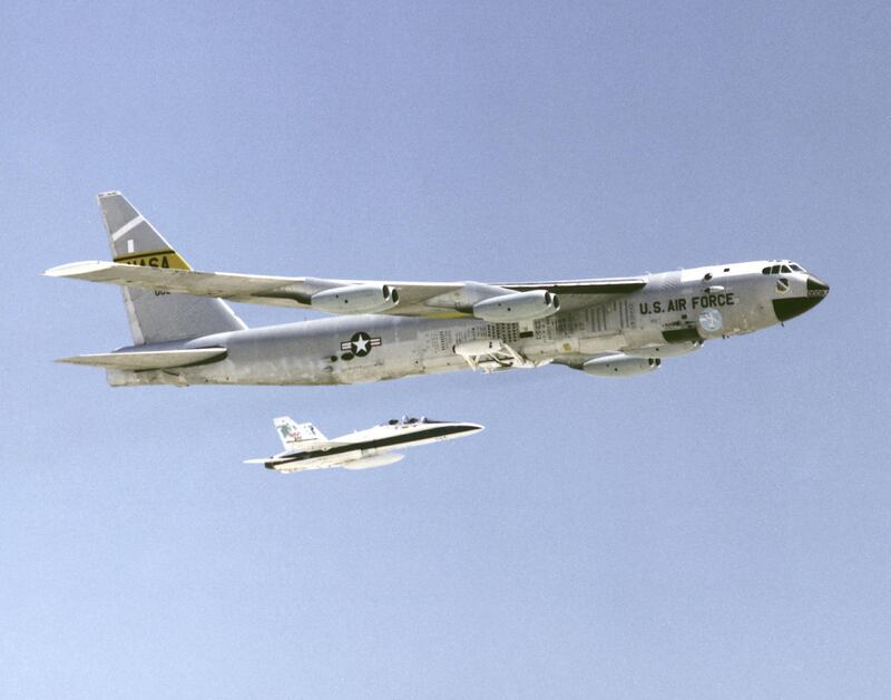 File Photo: A B-52 Bomber Accompanied By A F-16 Fighter. No Warplane In History Has Lasted Longer Than The B-52, Flown More Missions, Dropped More Explosives Or Held On So Sturdily Against The March Of Technology. The Lumbering Aircraft Are Back In Action Over Yugoslavia In Nato's Bid To Force Serb President Slobodan Milosevic To The Peace Table. Despite The Proven Worth Of Radar-Evading ``Stealth'' Aircraft, The Air Force Says The Slow But Steady B-52 Will Remain On Duty For Another 40 Years. Today, 76 B-52S Are Still In Service, Twice As Old As Some Pilots Who Fly Them. On The March 24, 1999 Initial Attack On Yugoslavia, Six Took Part -- Again Carrying Air-Launched Cruise Missiles.  (Photo By Usaf/Getty Images)