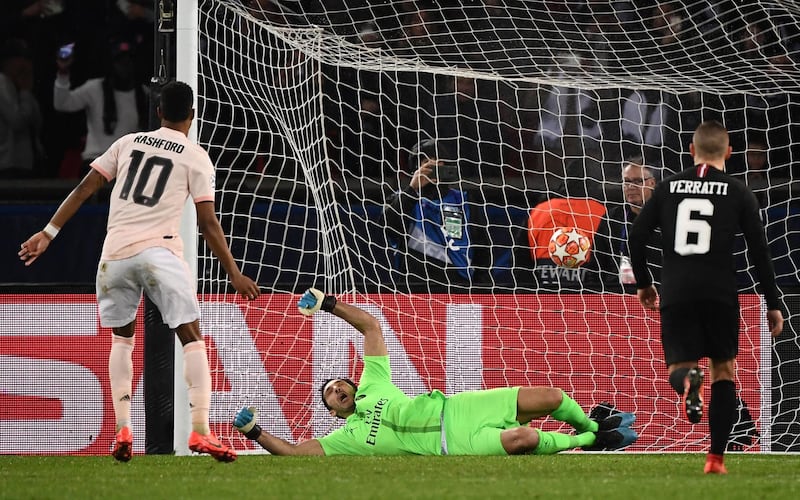 Manchester United forward Marcus Rashford scores from the penalty spot to give United a 3-1 win in Paris. AFP