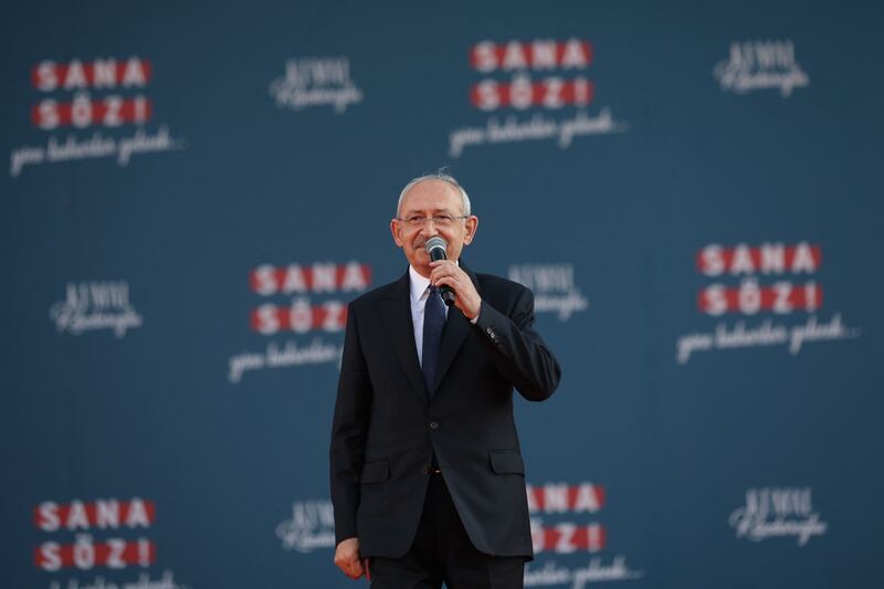 Mr Kilicdaroglu addresses his supporters on Sunday. Republican People's Party Press Service / AFP