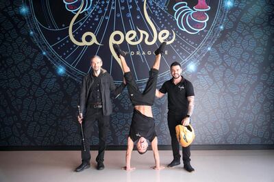 DUBAI, UNITED ARAB EMIRATES - AUGUST 30, 2018. 

Olivier Milchberg, Musician; Danik Abishev, Artist and Hand balance specialist; and Rafael Nino Jnr, Captain of the Globe of Death Riders, from La Perle show.

La Perle by Dragone show, celebrates it's one year anniversary.

(Photo by Reem Mohammed/The National)

Reporter: Hala Khalaf
Section:  NA
