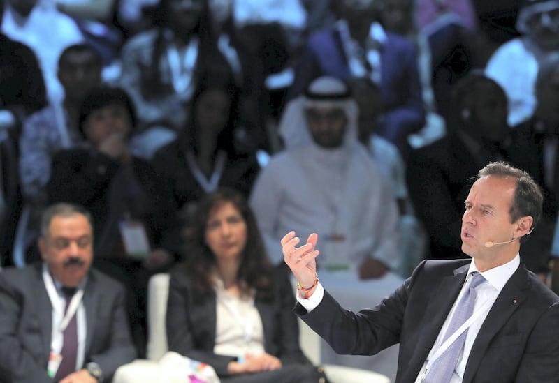 Abu Dhabi, United Arab Emirates - April 08, 2019: Jorge Fernando Quiroga, Former President of Bolivia speaks on the topic of Cultural diplomacy and responsibility in the age of technology at the Culture Summit 2019. Manarat Al Saadiyat, Abu Dhabi. Chris Whiteoak / The National