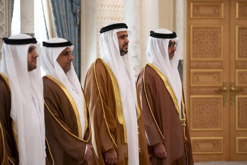 ABU DHABI, UNITED ARAB EMIRATES - March 10, 2019: (R-L) HH Sheikh Hamed bin Zayed Al Nahyan, Chairman of the Crown Prince Court of Abu Dhabi and Abu Dhabi Executive Council Member, HH Sheikh Theyab bin Mohamed bin Zayed Al Nahyan, Chairman of the Department of Transport, and Abu Dhabi Executive Council Member, HE Jassem Mohamed Bu Ataba Al Zaabi, Chairman of Abu Dhabi Executive Office and Abu Dhabi Executive Council Member and HE Dr Ahmed Mubarak Al Mazrouei, Secretary General of the Abu Dhabi Executive Council, attend the swearing-in ceremony for new members of the Abu Dhabi Executive Council, at the Presidential Palace.

( Ryan Carter for the Ministry of Presidential Affairs)
---