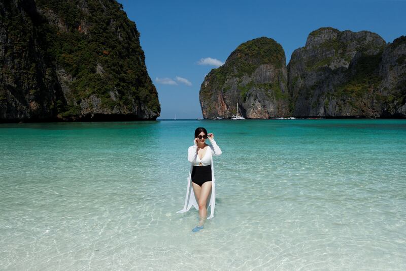 A tourist at Maya Bay as Thailand reopens its world-famous beach following a closure to allow its ecosystem to recover from the impact of overtourism. Reuters