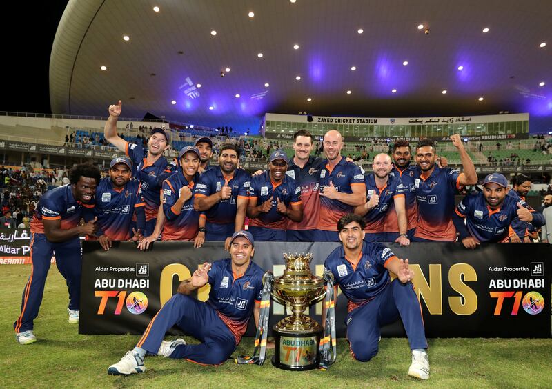 Abu Dhabi, United Arab Emirates - November 24, 2019: The Arabians celebrate winning the final between the Deccan Gladiators and the Maratha Arabians in the Abu Dhabi T10 league. Sunday, November 24th, 2017 at Zayed Cricket Stadium, Abu Dhabi. Chris Whiteoak / The National