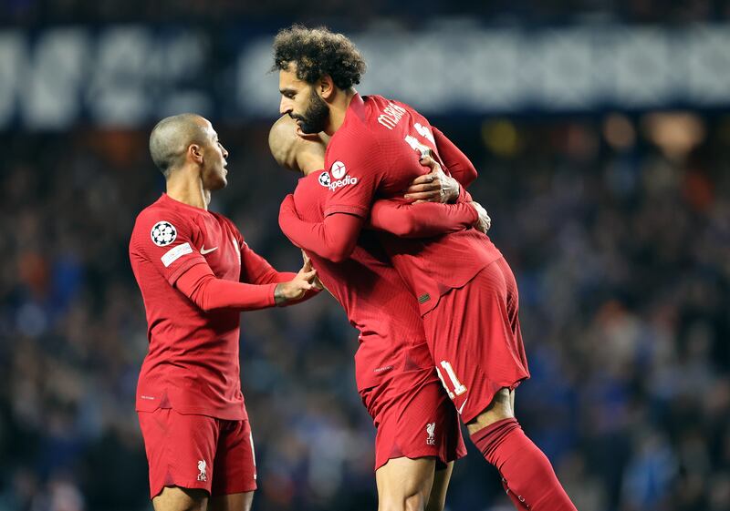 Salah celebrates the fifth goal. PA