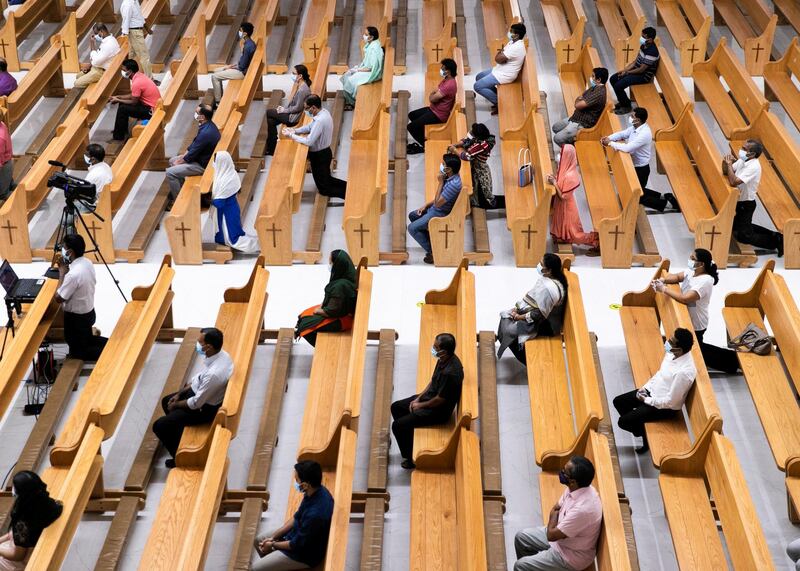 ABU DHABI, UNITED ARAB EMIRATES. 9 SEPTEMBER 2020.
Worshippers attending the service in St Paul’s church in Mussafah.
(Photo: Reem Mohammed/The National)

Reporter:
Section: