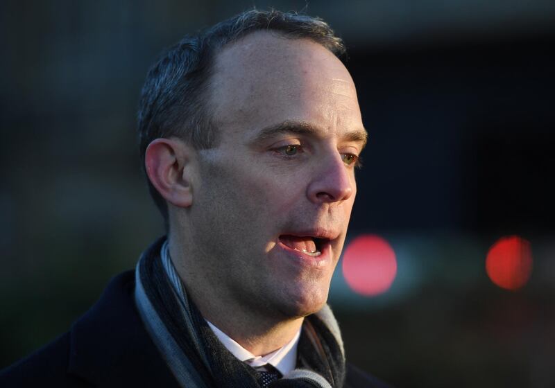 epa07331339 Former Brexit Secretary Dominic Raab speaks to reporters outside the Houses of Parliament the Houses of Parliament in Westminster, London, Britain, 30 January 2019.  EPA/FACUNDO ARRIZABALAGA