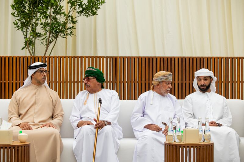 Sheikh Mansour and Sheikh Khaled bin Sultan bin Zayed receive condolences. Ryan Carter / UAE Presidential Court 