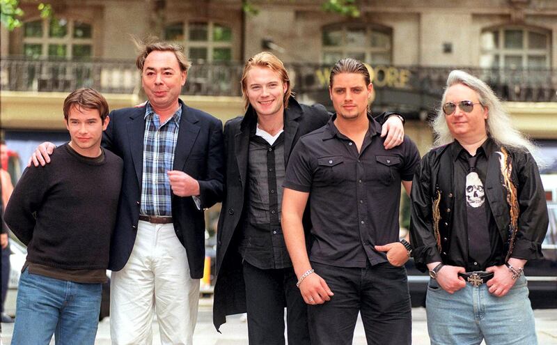 L-R: Stephen Gately (Boyzone), Andrew Lloyd Webber (Composer), Ronan Keating (Boyzone), Keith Duffy (Boyzone) and Jim Steinman (Lyricist) in London, celebrating their single "No Matter What".   * ...from Webber and Steinman's new hit musical "Whistle Down The Wind" (at The Aldwych Theatre, London) reaching No. 1 and set to be the largest selling single of the year. 06/01/01: The Lloyd-Webber musical Whistle Down The Wind will take its final curtain call today, when its two-and-a-half-year run on the West End stage comes to an end. The  2.4 million show, which is based on the classic 1961 film of the same name starring Hayley Mills, opened in July 1998 at the Aldwych Theatre, in London. With lyrics by Jim Steinman, Lord Lloyd-Webber's musical tells the story of a group of children who discover a criminal on the run and mistake him for Jesus Christ. Irish boy band Boyzone took one of the show's hits, No Matter What, to Number One in the charts in 1998.No Use UK. No Use Ireland. No Use Belgium. No Use France. No Use Germany. No Use Japan. No Use China. No Use Norway. No Use Sweden. No Use Denmark. No Use Holland