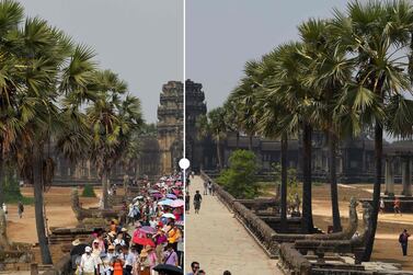 Angkor Watt in Cambodia before and after the coronavirus crisis. 
