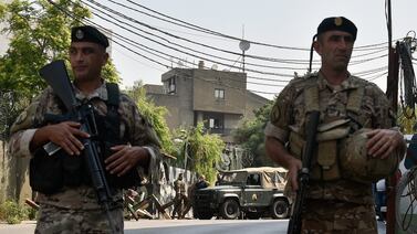 Lebanese troops stand guard on a road that leads to the US embassy in Aoukar, a northern suburb of Beirut. EPA