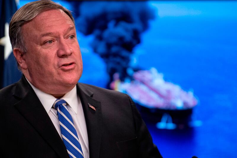 US Secretary of State Mike Pompeo delivers remarks to the media at the State Department in Washington, DC on June 13, 2019. US Secretary of State Mike Pompeo accused Iran of being behind attacks on two tanks in the Gulf of Oman Thursday, and said it was taking the case to the UN Security Council."It is the assessment of the United States that the Islamic Republic of Iran is responsible for the attacks," Pompeo told reporters. / AFP / Eric BARADAT
