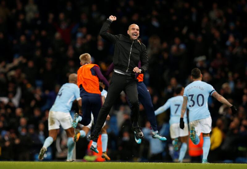 Soccer Football - Premier League - Manchester City vs Southampton - Etihad Stadium, Manchester, Britain - November 29, 2017   Manchester City manager Pep Guardiola celebrates after Raheem Sterling scored their second goal       REUTERS/Andrew Yates    EDITORIAL USE ONLY. No use with unauthorized audio, video, data, fixture lists, club/league logos or "live" services. Online in-match use limited to 75 images, no video emulation. No use in betting, games or single club/league/player publications. Please contact your account representative for further details.