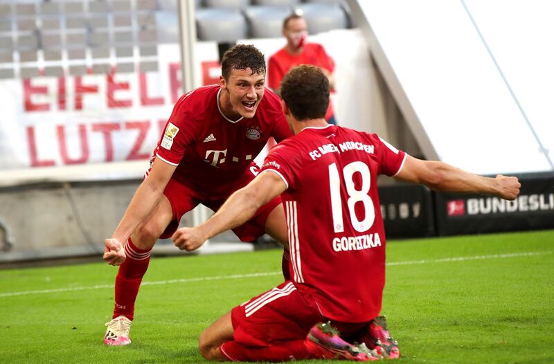 Leon Goretzka, front, celebrates  after scoring Bayern Munich's second goal against Borussia Monchengladbach in the Bundesliga on Saturday June 13. Getty