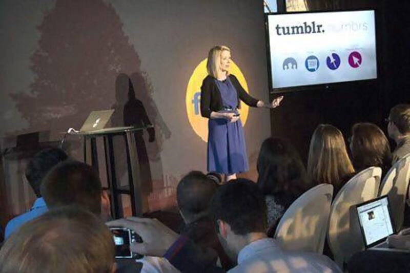 Yahoo has succeeded at shifting its image to some degree with improved earnings and its acquisition of Tumblr. Above, Yahoo chief executive Marissa Mayer announces the acquisition of the blogging service. Adrees Latif / Reuters